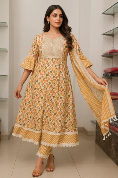 Kurta Pant Dupatta-32-1 Yellow Ikat Anarkali Kurta Set with Striped Dupatta