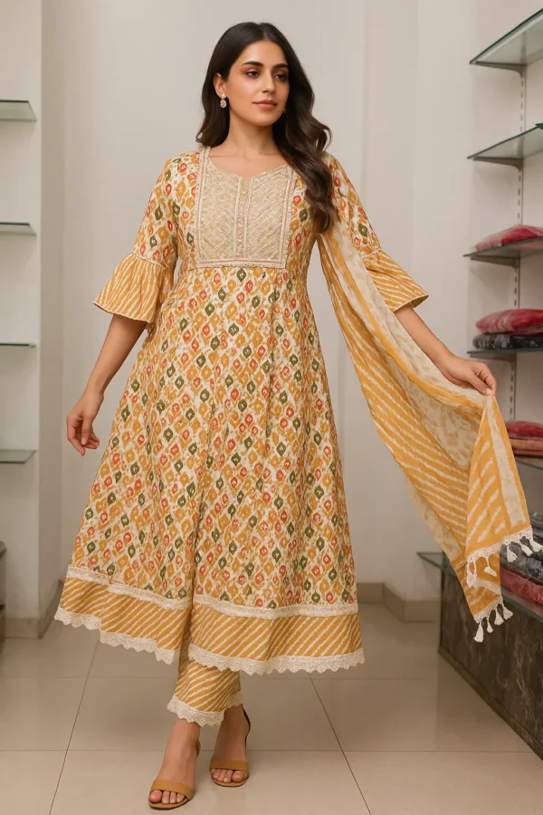 Yellow Ikat Anarkali Kurta Set with Striped Dupatta