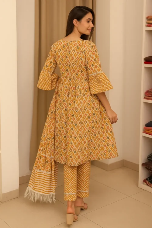 Kurta Pant Dupatta-32-2 Yellow Ikat Anarkali Kurta Set with Striped Dupatta