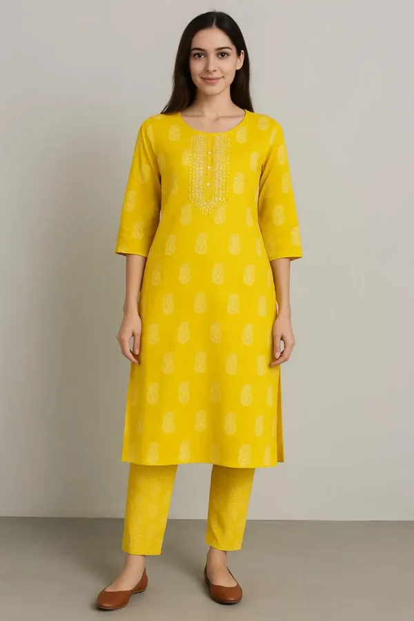 Yellow Printed Straight Kurta Set with Pants