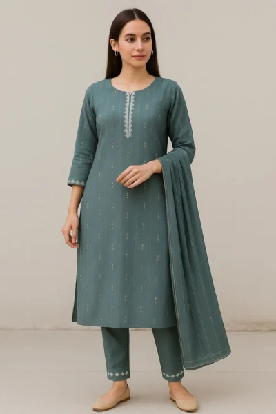 Kurta Pant Dupatta-34-1 Teal Green Thread Work Cotton Kurta Set with Dupatta