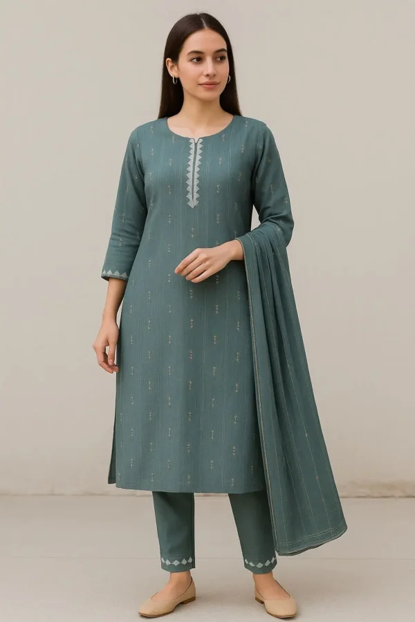 Teal Green Thread Work Cotton Kurta Set with Dupatta
