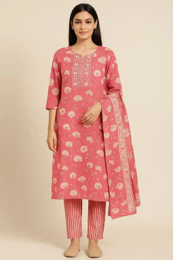 Pink Floral Print Straight Kurta Set with Striped Pants and Dupatta