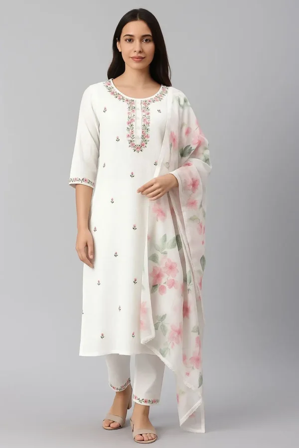 White Embroidered Kurta Set with Floral Printed Dupatta