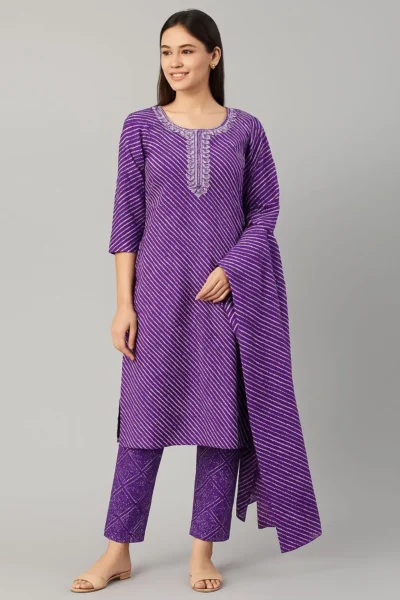 Kurta Pant Dupatta-37-1 Purple Bandhani Print Kurta Set with Embroidered Neckline