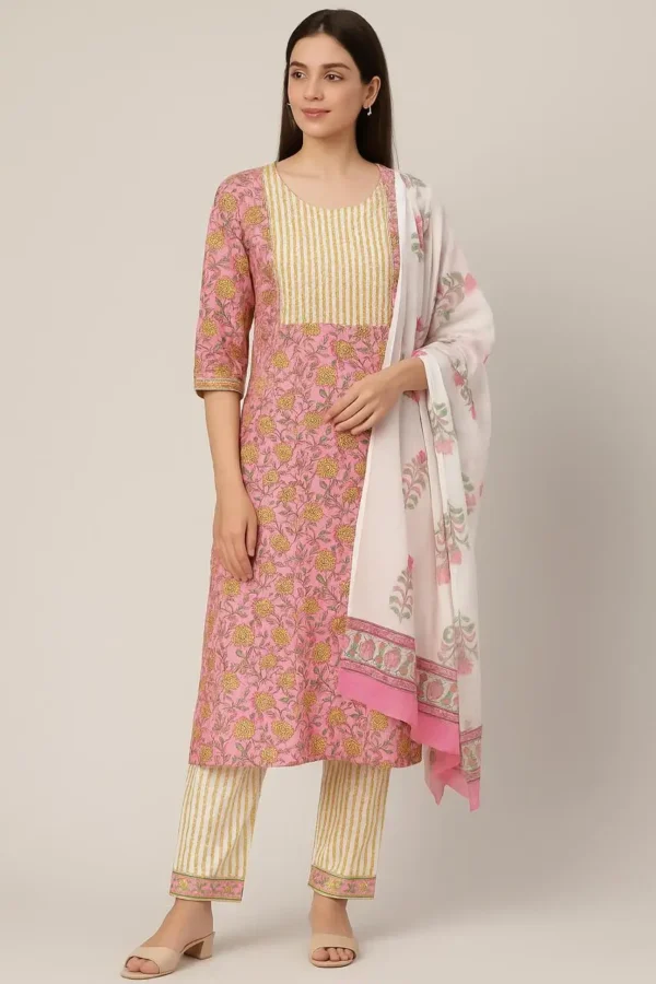 Pink Floral Block Print Kurta Set with Dupatta
