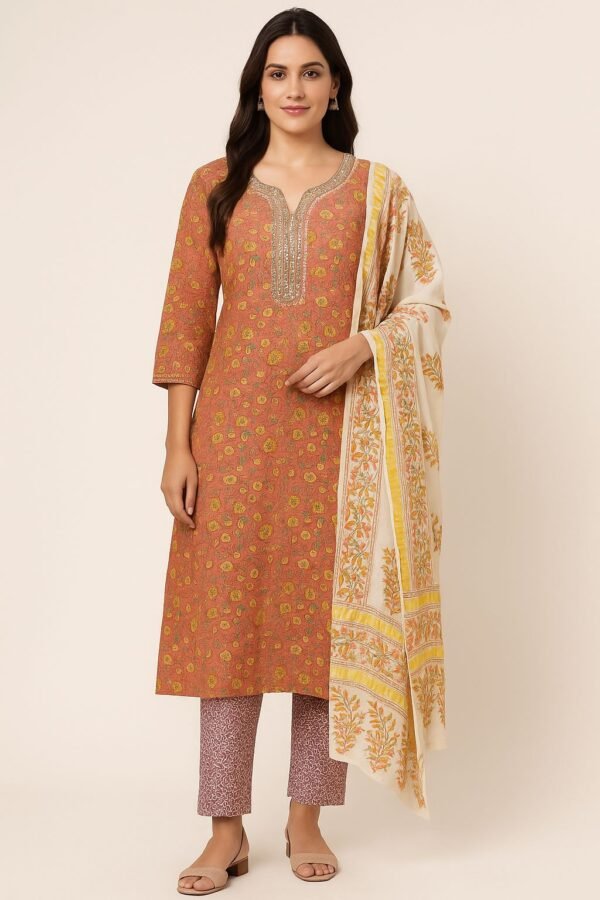 Rust Floral Print Kurta Set with Embroidered Neck and Printed Dupatta