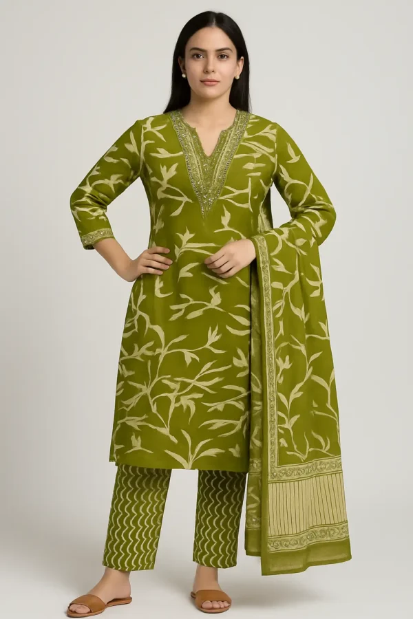 Olive Green Printed Kurta Pant Dupatta Set
