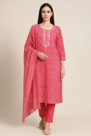 Kurta Pant Dupatta-40-1 Rani Pink Bandhani-Inspired Kurta Set with Embroidered Neck and Printed Dupatta