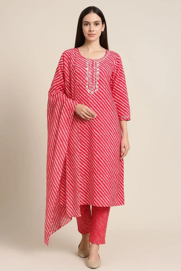 Rani Pink Bandhani-Inspired Kurta Set with Embroidered Neck and Printed Dupatta