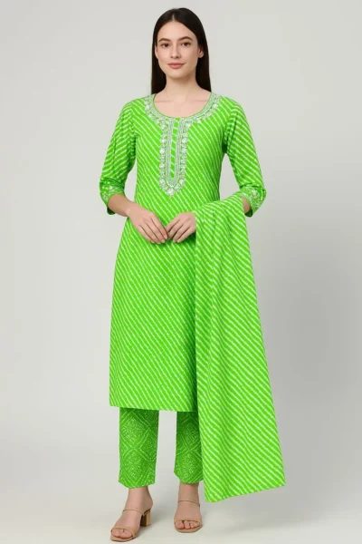 Kurta Pant Dupatta-41-1 Neon Green Bandhani-Style Kurta Set with Embroidered Neck and Matching Dupatta