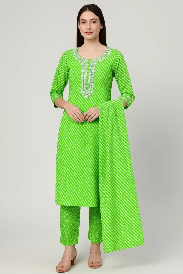 Neon Green Bandhani-Style Kurta Set with Embroidered Neck and Matching Dupatta