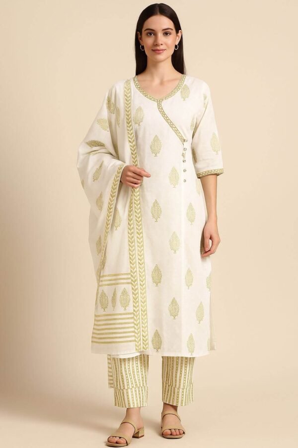 Off-White & Olive Green Printed Angrakha Kurta Set with Striped Pants & Dupatta