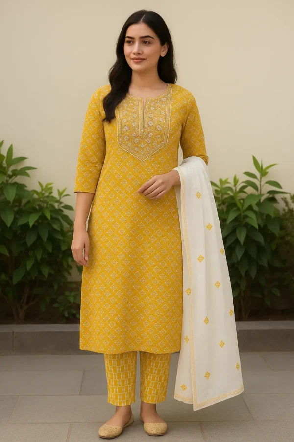 Yellow Printed Cotton Kurta Set with White Dupatta