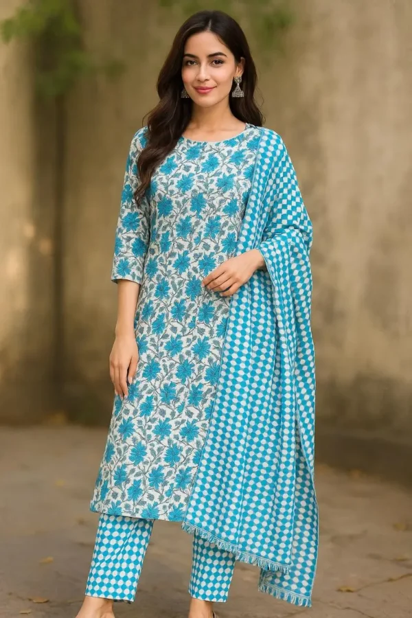 Blue Floral Printed Cotton Kurta Set with Checkered Dupatta