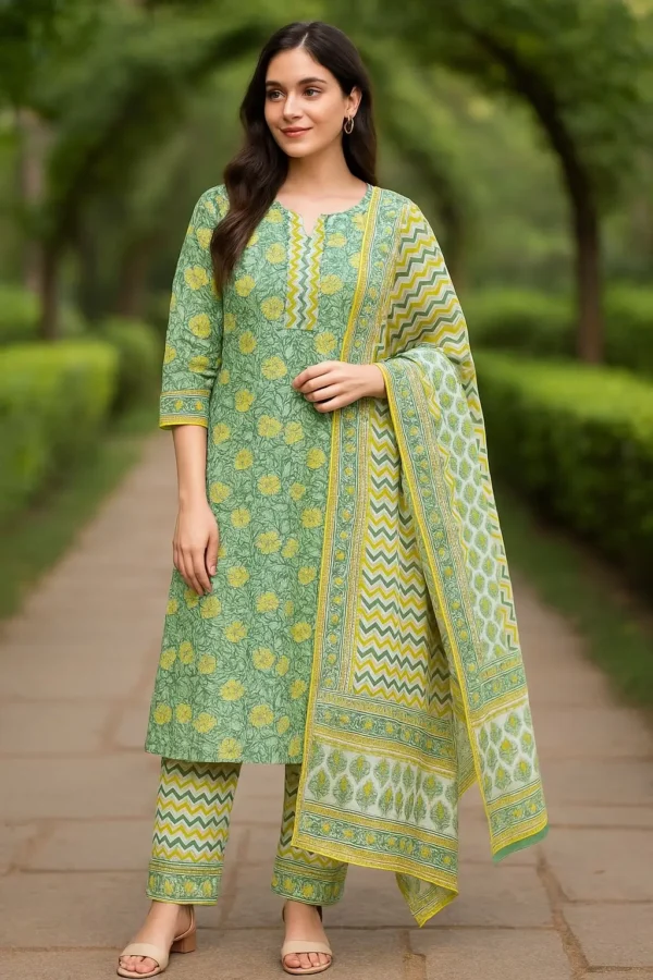 Green Floral Printed Straight Kurta Set with Chevron Pants & Dupatta