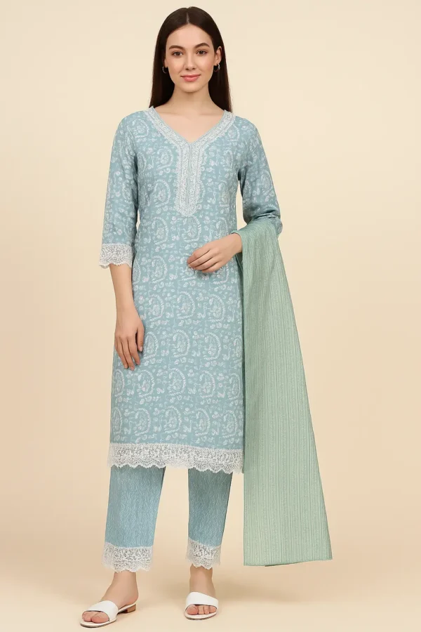 Pastel Blue Paisley Kurta Set with Lace Trim & Dupatta