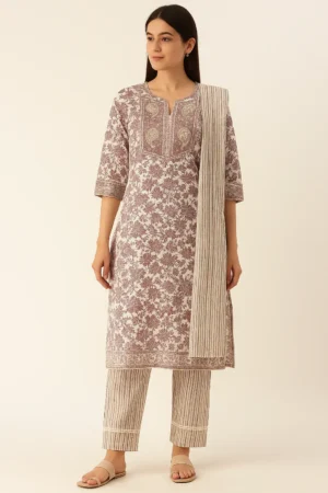 Kurta Pant Dupatta-47-1 Beige & Brown Floral Block Print Kurta Set with Striped Dupatta
