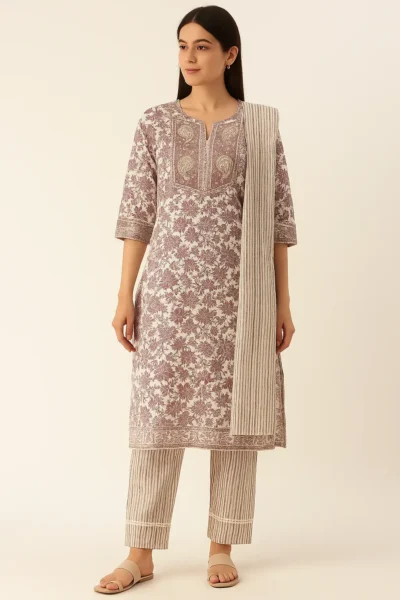 Kurta Pant Dupatta-47-1 Beige & Brown Floral Block Print Kurta Set with Striped Dupatta