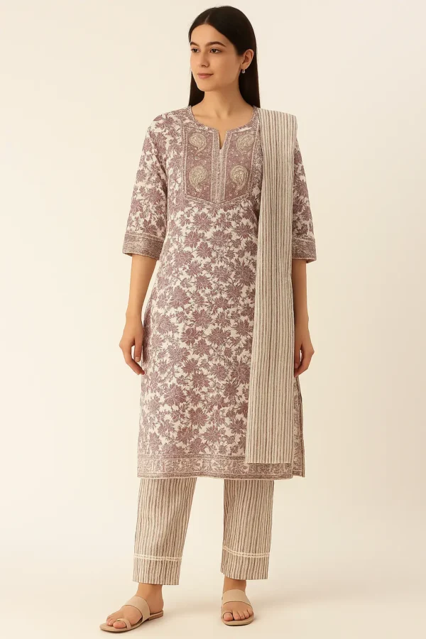 Beige & Brown Floral Block Print Kurta Set with Striped Dupatta