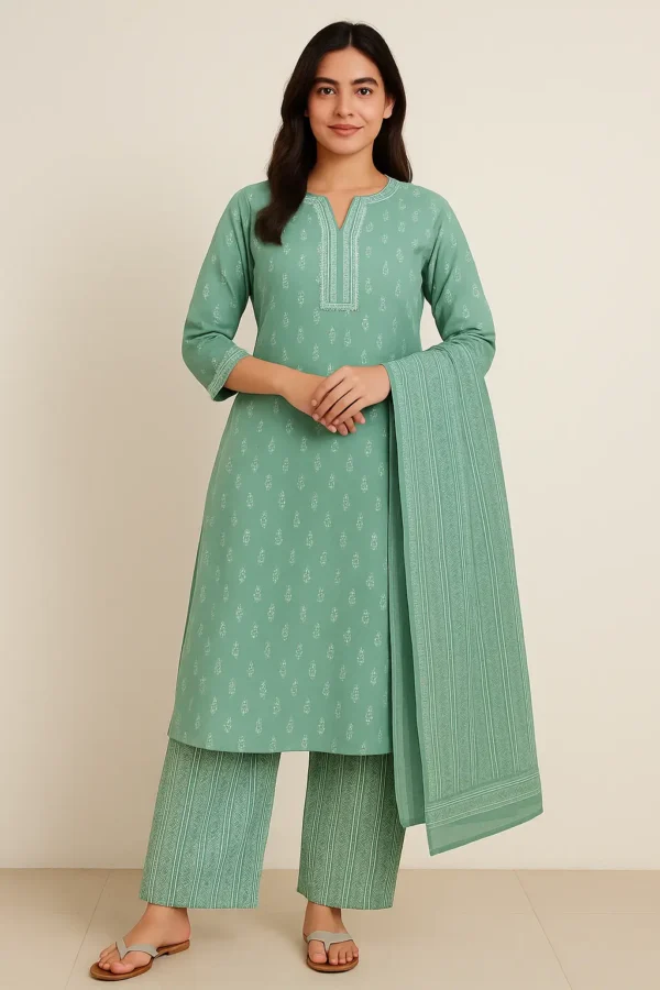 Pastel Green Printed Straight Kurta Set with Dupatta