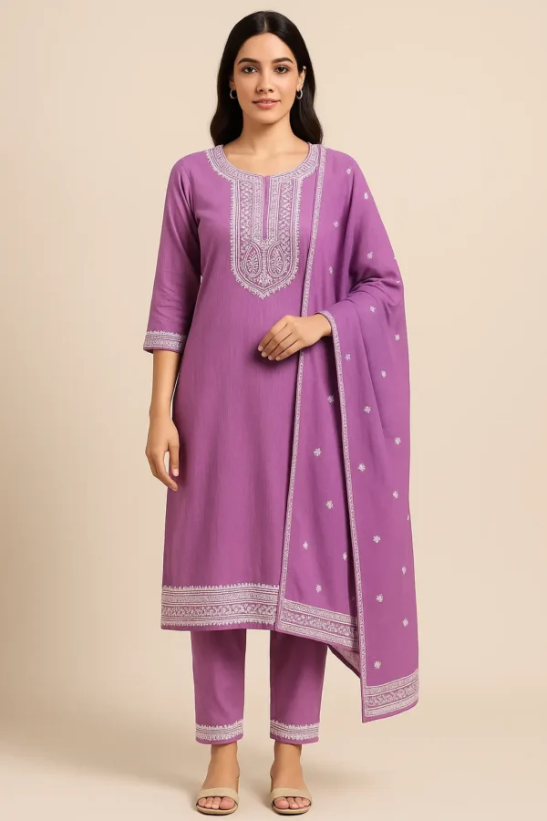 Purple Embroidered Kurta Set with Straight Pants and Dupatta