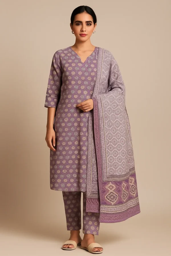 Lavender Printed Kurta Pant Dupatta Set