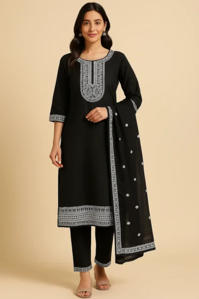 Kurta Pant Dupatta-50-1 Black Embroidered Kurta Set with Pants and Dupatta