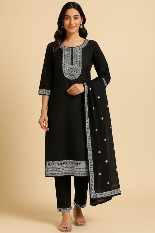 Kurta Pant Dupatta-50-1 Black Embroidered Kurta Set with Pants and Dupatta