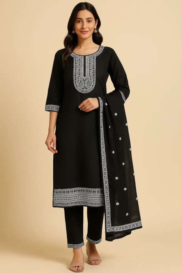 Black Embroidered Kurta Set with Pants and Dupatta