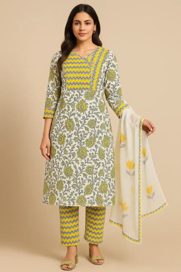 Floral Printed Kurta Set with Zigzag Pants and Floral Dupatta