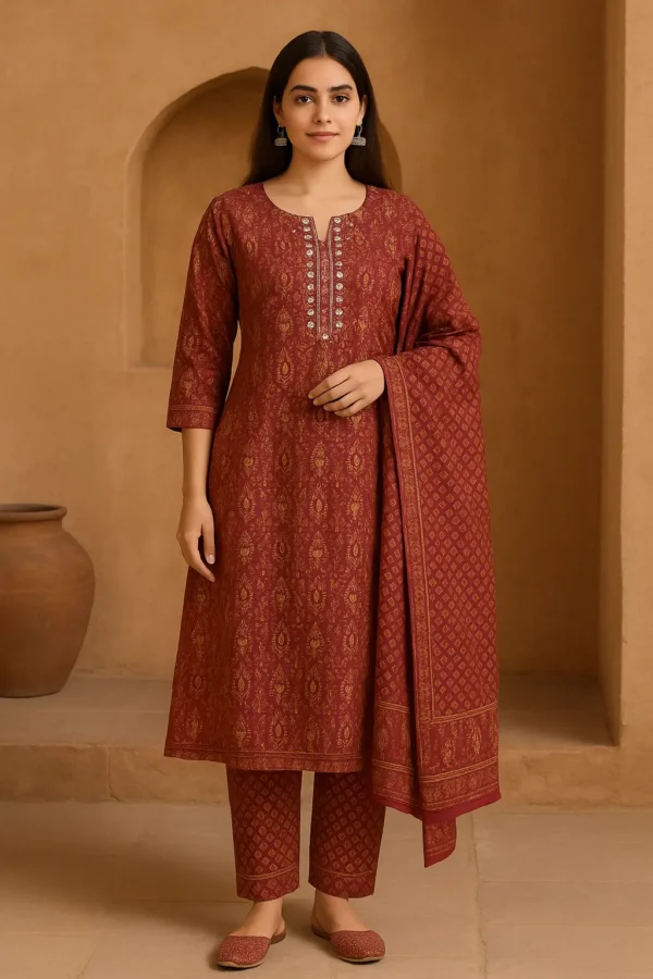 Maroon Ajrakh-Inspired Printed Kurta Set with Dupatta
