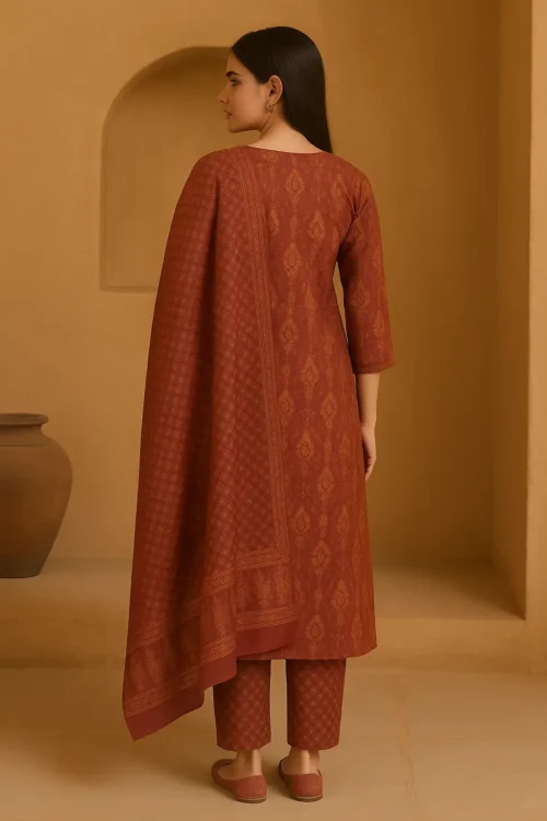 Kurta Pant Dupatta-52-2 Rust Red Ethnic Printed Kurta Set with Mirror Work
