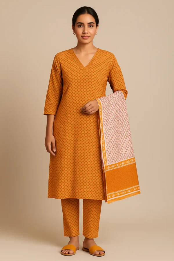 Mustard Printed Kurta Pant Dupatta Set