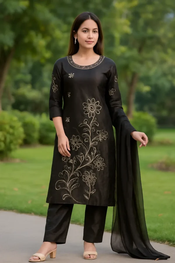 Elegant Black Embroidered Kurta Pant Dupatta Set