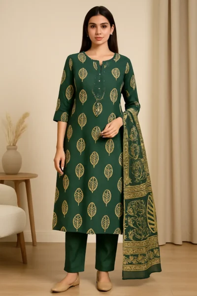 Kurta Pant Dupatta-8-2 Dark Green Printed Kurta Pant Dupatta Set with Golden Leaf Motif