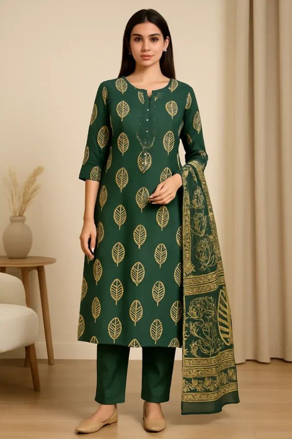 Dark Green Printed Kurta Pant Dupatta Set with Golden Leaf Motif