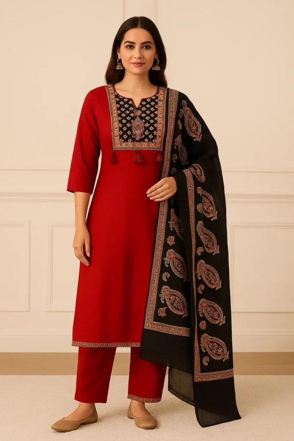 Maroon Kurta Pant Dupatta Set with Black Embroidered Yoke and Dupatta