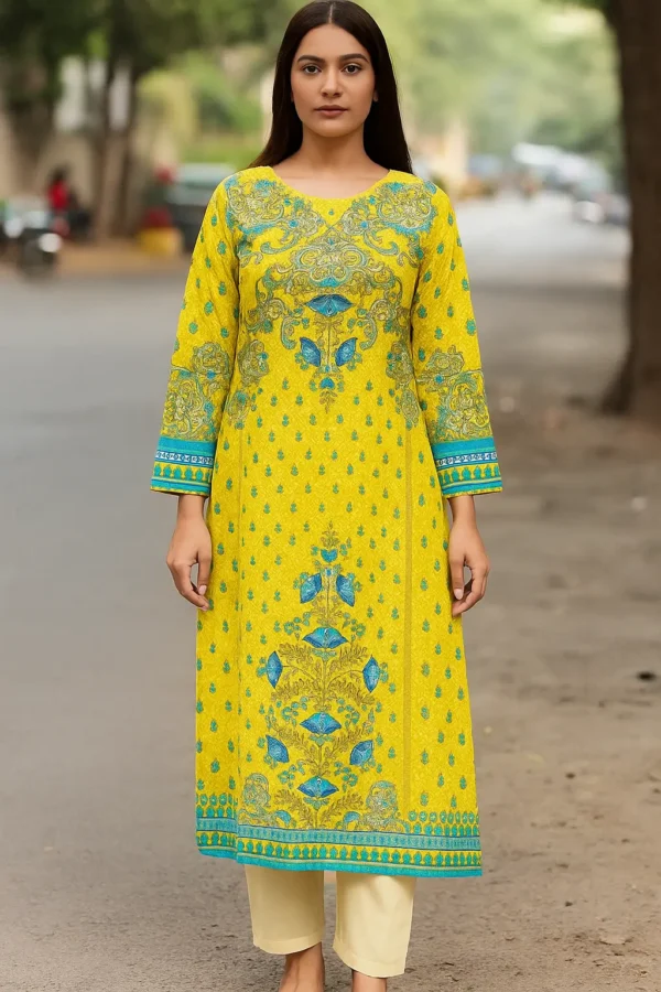 Yellow Turquoise Paisley Motif Printed Straight Kurta