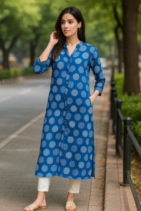 Indigo Blue Polka Printed Front-Button Straight Kurta