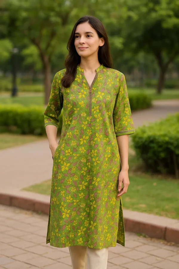 Olive Green Floral Print Straight Kurta