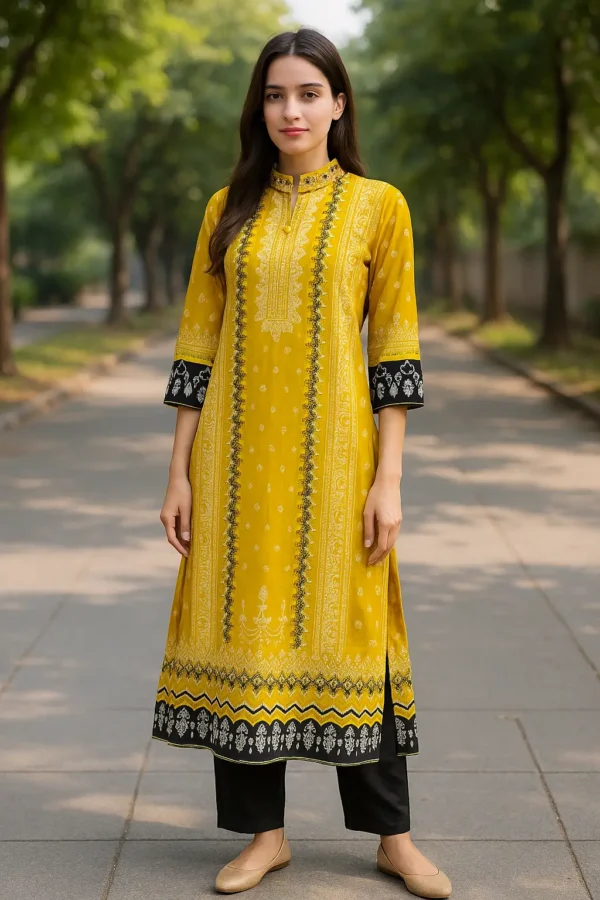 Mustard Yellow Ethnic Print Straight Kurta with Black Pants