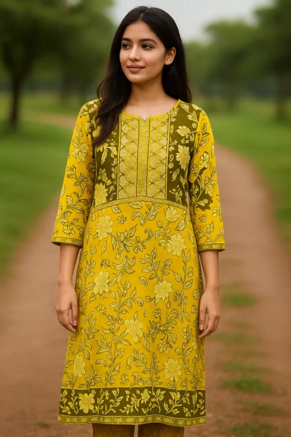 Yellow Floral Printed Straight Kurta with Embroidered Yoke