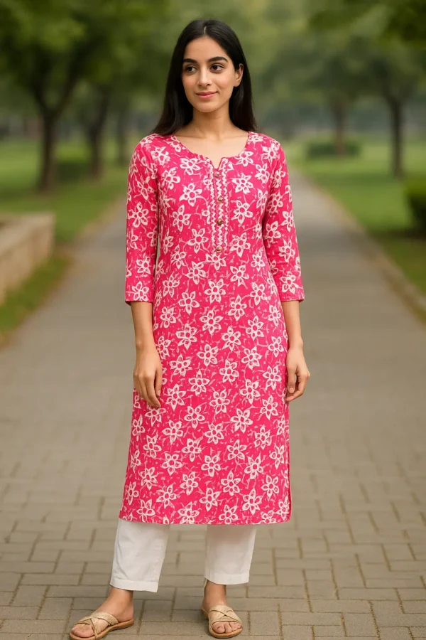 Pink Handblock Floral Print Straight Kurta with Embroidered Placket