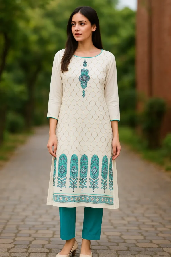 Cream Printed Straight Kurta with Teal Floral Motifs