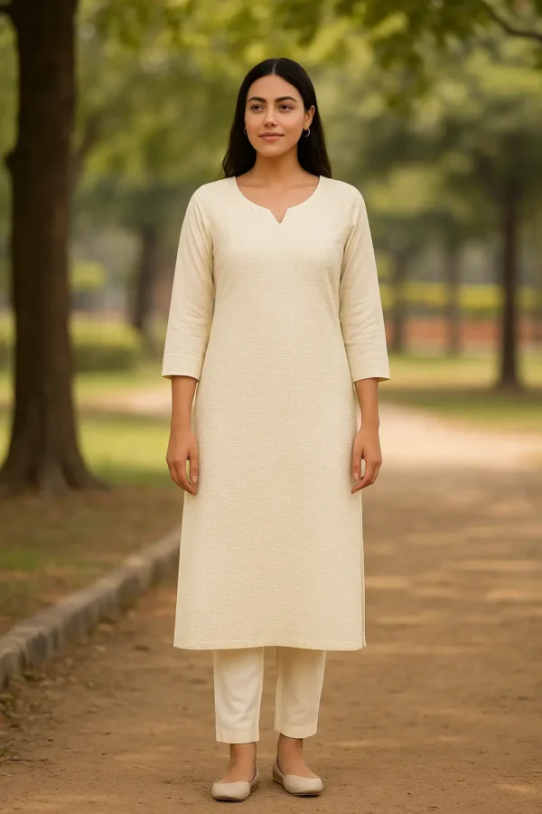 Ivory Textured Solid Straight Kurta