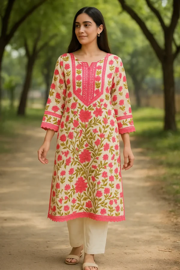 Cream & Pink Floral Embroidered Cotton Kurta
