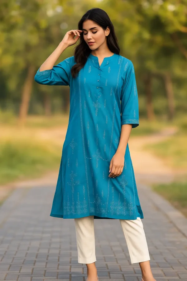 Teal Blue Embroidered Straight Kurta with Pintuck Detail