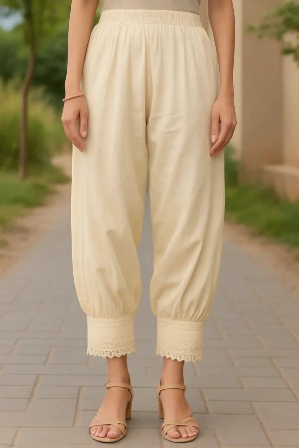Cream Embroidered Hem Tulip Pants