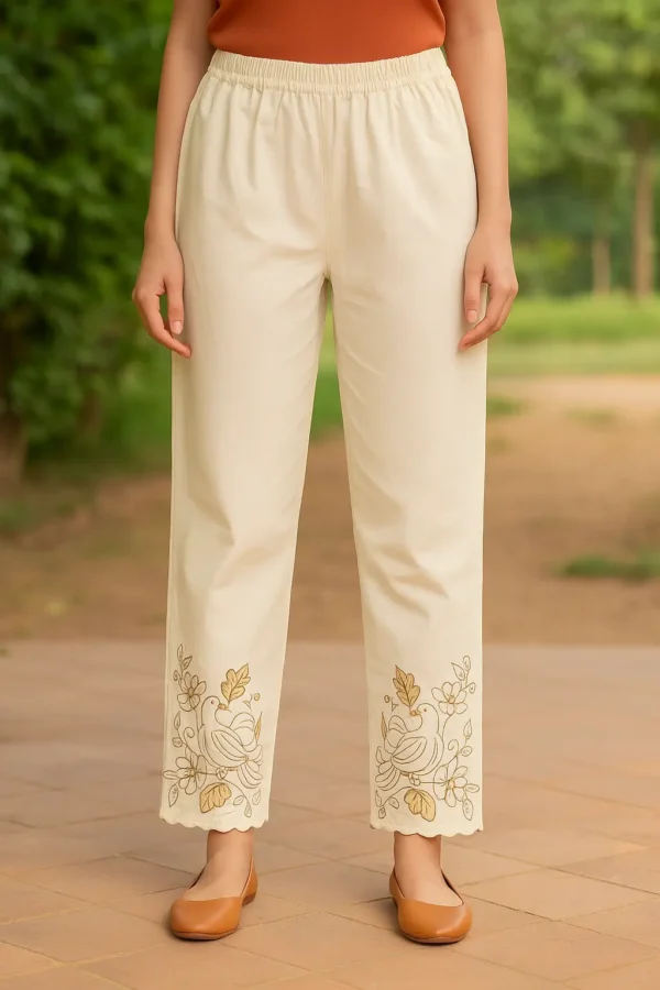 Cream Embroidered Dove Straight Pants